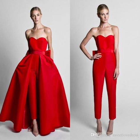 Red Jumpsuits, Jumpsuit Evening, Krikor Jabotian, Evening Dresses Uk, Classy Prom, Detachable Skirt, Plus Size Vintage, White Short Dress, Red Jumpsuit