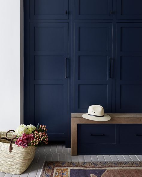 Navy Blue Mudroom Lockers, Navy Wardrobe Doors, Navy Blue Wardrobe Bedroom, Navy Wardrobe Bedroom, Family Mudroom, Wardrobe Door Designs Laminate, Ikea Built In Wardrobes, Grey Cement Tile, Modern Mudroom