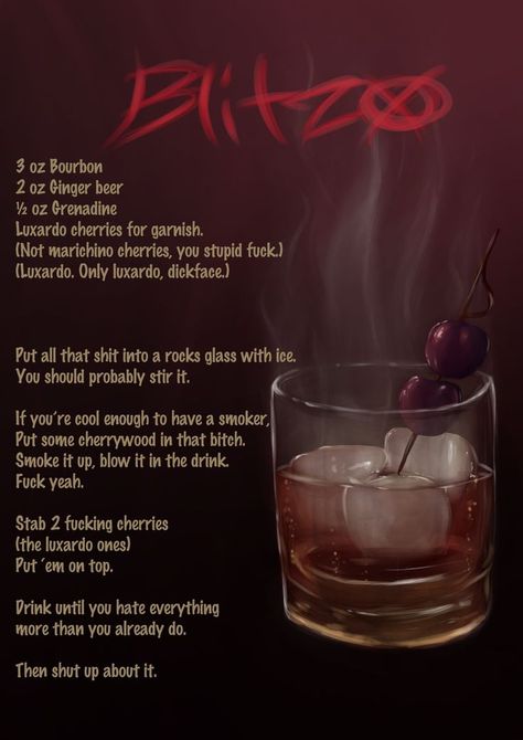 Helluva Boss Recipes, Helluva Boss Drink Recipes, Hazbin Hotel Cocktails, Helluva Boss Food, Helluva Boss Drinks, Hazbin Hotel Food, Stolas X Blitz Spicy, Blitzo Helluva Boss, Blitzo Helluva