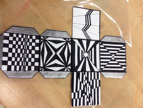 8th grade Op Art cube Op Art Cube Template, Op Art Ideas, 8th Grade Art Projects, Cube Artwork, Op Art Projects, Cube Ideas, Op Art Lessons, Black And White Designs, Classe D'art