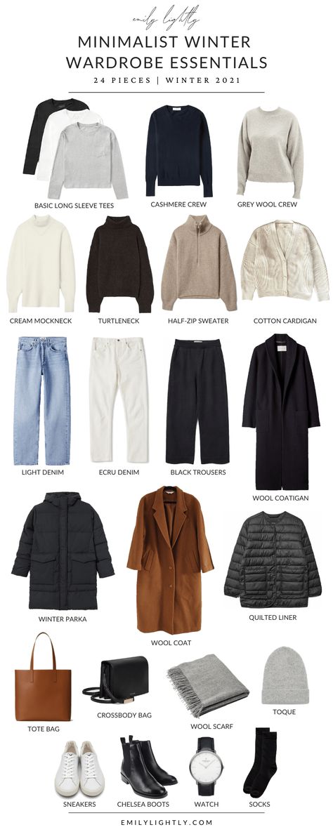 Minimalist Winter Wardrobe Essentials - Emily Lightly Minimalist Winter Wardrobe, Vinter Mode Outfits, Minimalist Wardrobe Capsule, Outfit Minimalist, Minimalist Winter, Classic Capsule Wardrobe, Winter Wardrobe Essentials, Capsule Wardrobe Outfits, Fashion Capsule Wardrobe