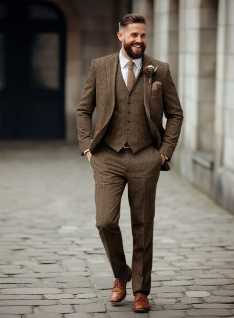 If you're trying to smarten your look or simply want to mix up your office outfit, you can try our Rust Herringbone Tweed suit, as it is extremely versatile. Crafted from wool, a piece of clothing that people originally saw as stereotypically old is now one of the most stylish items a man can own. Whether you're closin Brown 3 Piece Suit Men Wedding, Cottage Core Suit Men, Men’s Brown Tweed Jacket Outfit, Men’s Fall Wedding Colors, Wool Suits Men Wedding, Tweed Herringbone Suit, Summer Tweed Suit, Fall Color Palette Wedding Groomsmen, Groom Suit For Fall Wedding