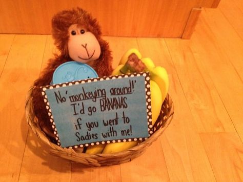 Monkey Promposal, Sadies Ideas, Homecoming Dance Proposal, Girl Ask Guy, Dance Asks, Sadies Dance, Sadie Hawkins Dance, Dance Proposals, School Dance Ideas