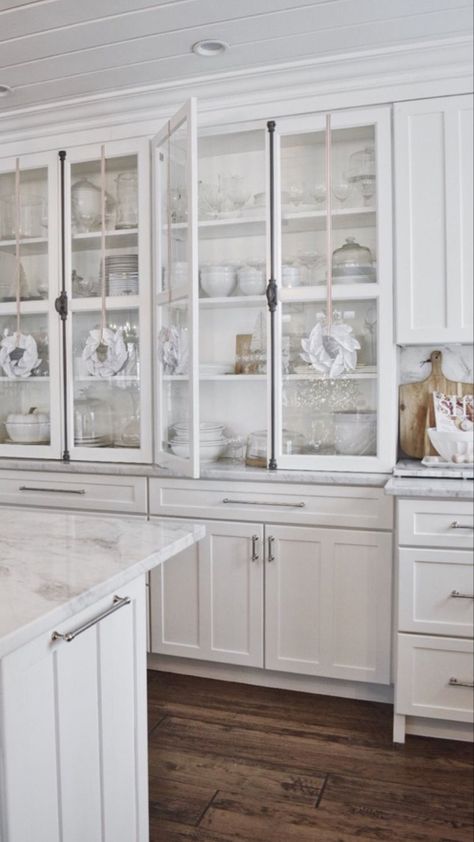 Arched Glass Cabinet Built In, White Dishes In Glass Cabinets, Using China Cabinet As Kitchen Cabinets, Kitchen With China Cabinet, Built In China Cabinet Ideas, Built In China Cabinet Dining Room, China Pantry, Homestead Homes, Kitchen London