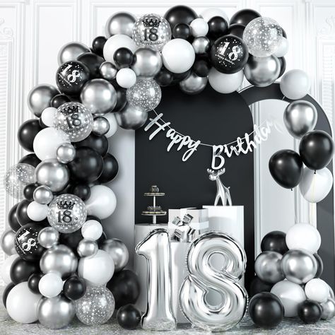 PRICES MAY VARY. 🎈Package Includes - 18th Black silver birthday decorations set includes 2 pcs 32 Inch silver number foil balloon(18), 1 pc silver happy birthday banner, 3 pcs 12 inch black 18th printed balloons, 3 pcs 12 inch silver 18th confetti balloons, 4 pcs 12 inch clear star printed balloons, 45 pcs 10 inch balloons (15 pcs metallic silver, 10 pcs white, 20 pcs black), 20 pcs 5 inch balloons (10 pcs metallic silver, 10 pcs black), 1 pc balloon strip, 1 pc dot glue (100 dots), 1 pc ribbon Black And Silver 18th Birthday Party, 18th Birthday For Boys, 18th Birthday Party Ideas For Boys, 18th Birthday Decorations For Boys, Black And Silver Balloons, 18th Birthday Ideas For Boys, Silver Party Decor, 18th Party Ideas, Balloon Happy Birthday