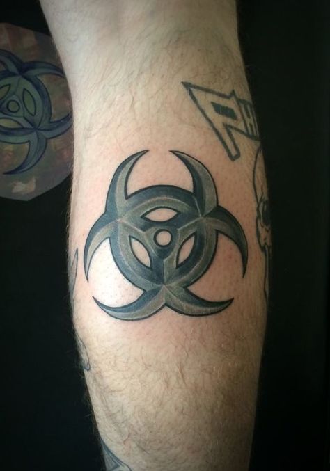 Lillybee Ink Wolvega tattoo studio ~Saskia Higler  Biohazard logo tattoo Bio Hazard Tattoo, Biohazard Tattoo, Military Sleeve Tattoo, Tattoo Band, Bio Hazard, Biohazard Symbol, Healthcare Humor, Scary Stuff, Symbol Tattoos