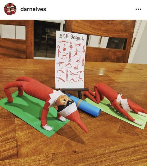 Elf On The Shelf Gym Ideas, Elf On The Shelf Ideas Physical Therapy, Elf Gym, Elfo Travieso Ideas, Diy Flexible Elf, Elf On The Shelf Yoga, Epic Elf On The Shelf Ideas, Gymnastics Elf On The Shelf, Naught Elves Ideas