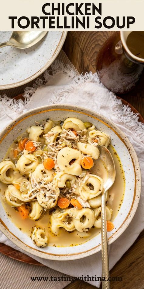 This Chicken Tortellini Soup is a cozy and heartwarming dish that combines shredded chicken, savory herbs, tender vegetables, and cheese-filled tortellini pasta in a flavorful broth. It is perfect for a comforting meal, easy to make and can be on the table in about 30 minutes. Chicken Soup Recipes Easy, Cozy Winter Recipes, Season Recipes, Chicken Tortellini Soup, Sausage Tortellini, Simple Family Meals, Chicken Tortellini, Tortellini Pasta, Savory Herb