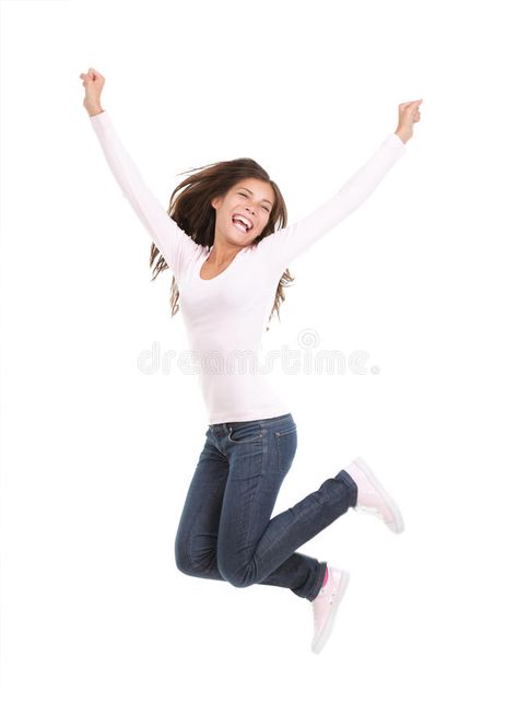 Happy Jumping Pose Reference Drawing, Excited Pose, Jump Pose, Woman Jumping, Jumping Poses, Excited Girl, Caucasian People, Happy Woman, Jumping For Joy