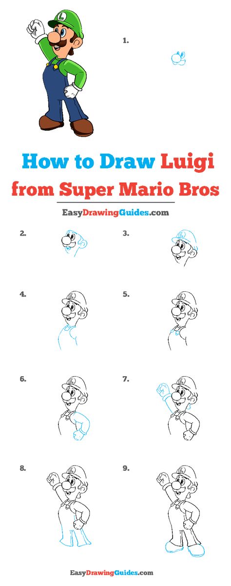 How to Draw Luigi from Super Mario Bros How To Draw Minecraft Step By Step, Mario Drawing Easy Step By Step, How To Draw Mario Step By Step, How To Draw Mario Characters, Mario And Luigi Drawing, How To Draw Mario, Mario E Luigi, Drawing Instructions, Drawing Lesson