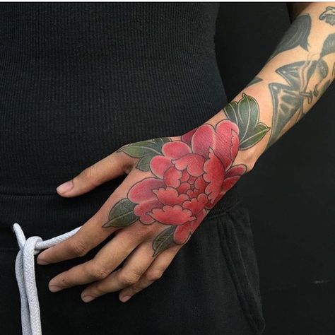 Black Garden Tattoo Peony Hand Tattoo, Flower Hand Tattoos, Black And Grey Tattoos Sleeve, Traditional Tattoo Designs, Garden Tattoos, Garden Tattoo, Chinese Flower, Peonies Tattoo, Black Garden