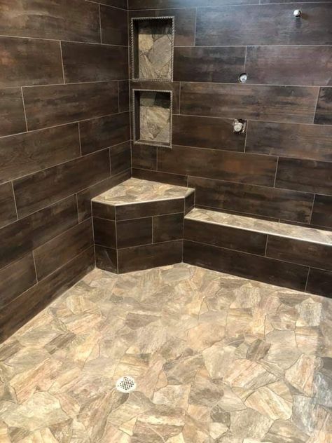 Dark Brown Shower Tile, Large Tile Shower Ideas Walk In, Pool House Bathroom, Rustic Bathroom Shower, Concrete Shower, Rustic Bathroom Remodel, Tile Showers, Painting Shutters, Shower Plumbing