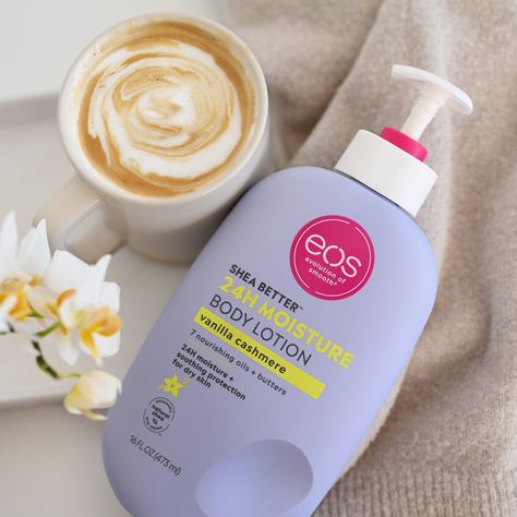 Our sweet and nuzzly Vanilla Cashmere body lotion captures the warmth of whipped vanilla, the softness of musk and the coziness of the caramel for a rich, luxurious fragrance with a sensual twist. - 24-hour moisture + soothing protection for dry skin - Leaves your skin soft, without greasiness, heaviness or sticky residue - Contains sustainably-sourced ingredients - Dermatologist tested & hypoallergenic - Not tested on animals - 7 nourishing oils + butters - Parabens, phthalates, & gluten free Eos Lotion, Vanilla Cashmere, Shea Butter Body Lotion, Caramel Skin, Eos Products, Better Body, Body Hacks, Body Care Routine, Moisturizing Lotions