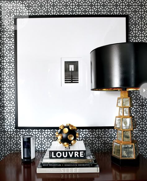 The wallpaper’s geometric pattern on a shiny foil background lends a dash of vintage glamour to this regal bedroom | Photography by Virginia Macdonald Bedside Table Styling, Black Lamp, Black And White Interior, Hotel Interiors, Hotel Style, Style At Home, Ikea Hacks, My New Room, Table Style