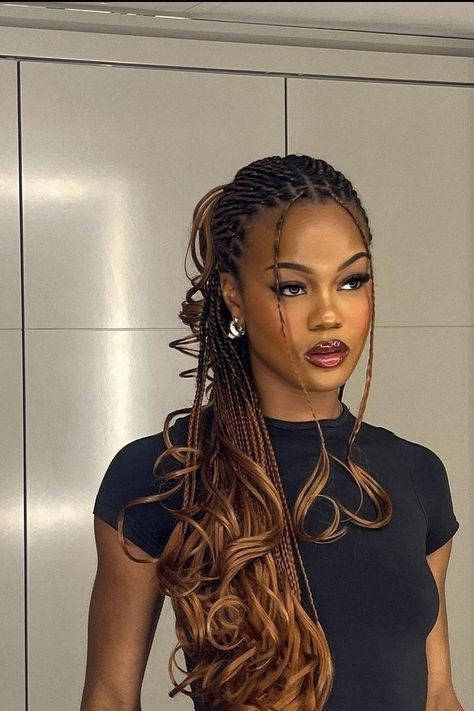 Intricate cornrow braids cascade into long, flowing ombre waves, creating stunning texture and volume that exudes confidence and style. The transition from the neatly patterned roots to the loose, wavy ends showcases a masterful blend of traditional and modern hair artistry.  // Photo Credit: Instagram @christelle_hair_beauty Wavy Braids Black Women, Ombre Braids Black Women, Braids With Loose Ends, Layered Braids, Feminine Hairstyles, Warm Brunette, Ombre Braid, Cornrow Braids, Bubble Ponytail