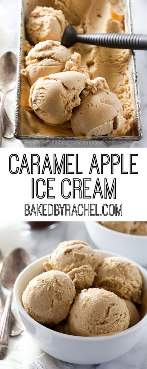 Creamy homemade caramel apple ice cream recipe from @bakedbyrachel A must make Fall dessert! Homemade Apple Ice Cream, Apple Cider Ice Cream Recipe, Apple Pie Ice Cream Recipe, Apple Cider Ice Cream, Fall Ice Cream Recipes, Fall Ice Cream Flavors, Apple Ice Cream Recipe, Cinnamon Apple Butter, Caramel Apple Ice Cream