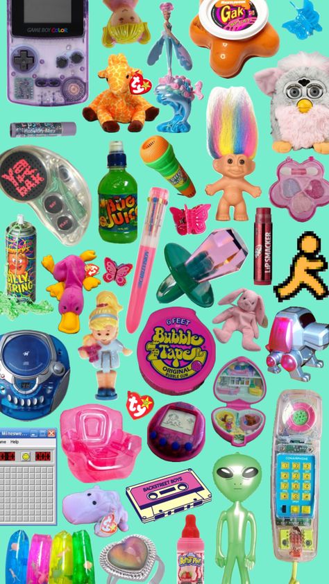 #90s Kids Collage, 1990s Nostalgia, Childhood Aesthetic, 2000s Party, 90s Wallpaper, Nostalgia Art, Retro Color Palette, Childhood Memories 2000, 90s Party