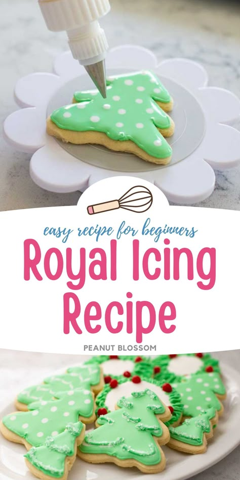 Make a batch of this easy royal icing for decorating festive sugar cookies. This method is even easy for baking with kids with a few simple set up tricks. Use it to pipe designs on gingerbread cookies for a classic Christmas cookie. Easy Royal Icing, Royal Frosting, Easy Royal Icing Recipe, Best Sugar Cookie Recipe, Party Food Dessert, Cake Mix Cookie Recipes, Royal Icing Recipe, Easy Sugar Cookies, Sugar Cookie Designs