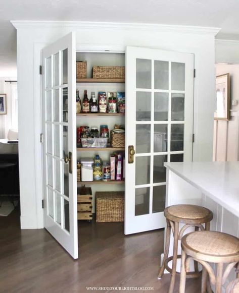 Small Pantry Closet, Wall Pantry, Organize Pantry, Pantry Renovation, Pantry Closet Design, Glass Pantry Door, Glass Pantry, Closet Diy, Pantry Remodel