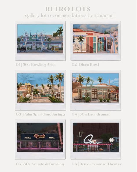 Sims 4 CC/NoCC gallery lot recommendations with creators id on tumblr @Biancml. Sims 4 Gallery Lots, San Francisco Aesthetic, Ts4 Builds, Oasis Springs, Drive In Movie Theater, Play Sims 4, Play Sims, Pinterest Tumblr, Drive In Movie