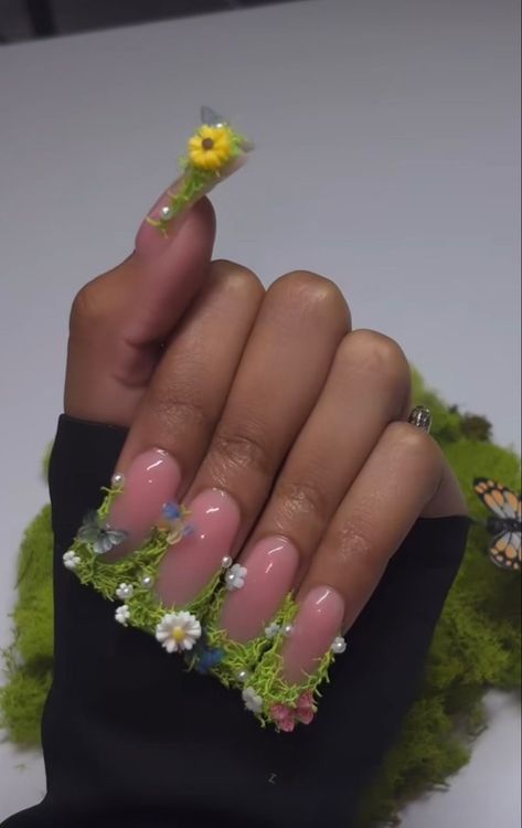 Garden Duck Nails, Grass Nail Designs, Sza Crocs Moss, Punk Nails, Duck Nails, Hard Nails, Drip Nails, Colored Acrylic Nails, Short Square Acrylic Nails