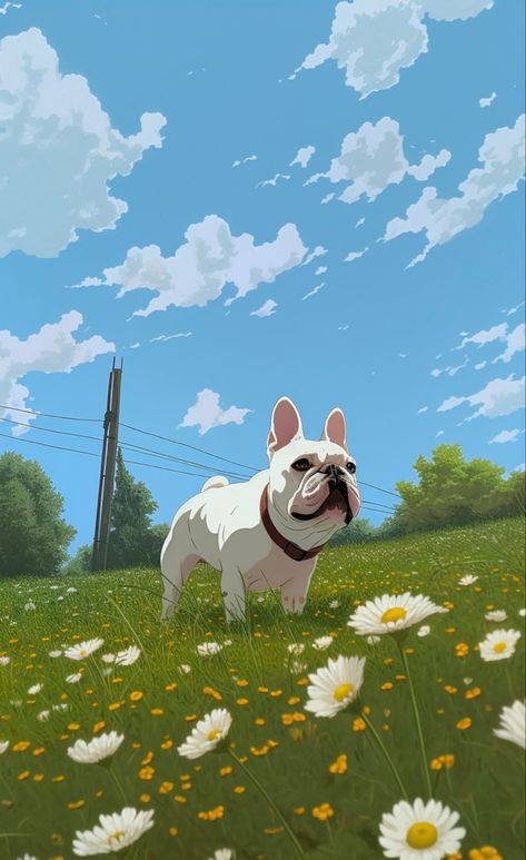 French Bulldog Wallpaper, Bulldog Wallpaper, Bulldog Art, Cute Flowers, Dog Wallpaper, Art Wallpaper Iphone, The Grass, Custom Pet Portraits, Spring Day