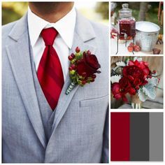 37 Sparkling Ideas for Red Themed Wedding Cranberry Wedding, Red Wedding Theme, Lapel Flower, Grey Bridesmaid Dresses, Wedding Winter, Fall Wedding Colors, Gray Weddings, Gray Suit, Groom And Groomsmen