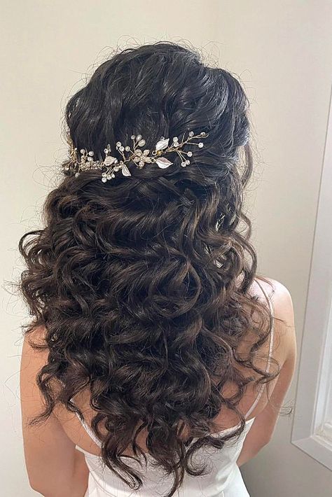 Totally into gorgeous wedding day hairstyle half up style. Follow me for more bridal looks, and comment your thoughts. Curly Bridal Hair Half Up, Hair Up Half Down Hairstyles, Half Up Curly Hairstyles Wedding, Up Curly Hairstyles, Curly Hair Bridal, Half Up Curly Hairstyles, Wedding Day Hairstyle, Bridal Half Up Half Down, Wedding Hairstyles With Flowers