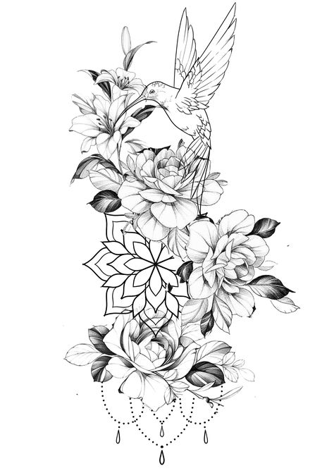 Strength Sleeve Tattoos For Women, Hummingbird Sleeve Tattoo Women, Hummingbird Floral Tattoo, Back Tats, Hip Thigh Tattoos, Hummingbird Flowers, Vine Tattoos, Sleeve Tattoos For Women, Thigh Tattoo