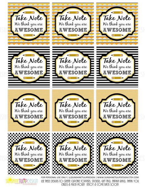 These Take Note You are Awesome designs are perfect for your Teacher Appreciation items, Gifts or Cupcake Toppers! This design would look super cute attached to some pens, pencils and bright colored stationery NOTE pads! So cute! USE THIS PDF TO MAKE: * Gift Tags * sticker labels Teacher Appreciation Gifts Printables, Coffee Gift Basket, Teacher Appreciation Printables, Volunteer Appreciation, Chocolate Gifts Basket, Cupcake Toppers Printable, Employee Appreciation Gifts, Staff Appreciation, Teacher Printable