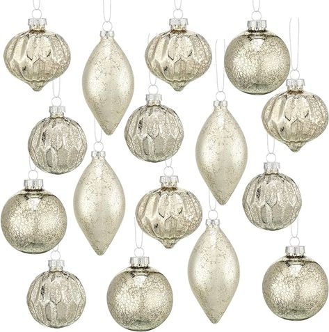 Amazon.com: Layhit 16 Pcs Mercury Glass Christmas Ornaments Vintage Champagne Silver Hanging Christmas Balls Finials for Xmas Tree Wreaths Garland Decor Wedding Holiday Party, 4 Styles : Home & Kitchen Cowboy Christmas Tree Ideas, Hanging Christmas Balls, Christmas Dining Table Decor, Tree Wreaths, Christmas Ornaments Vintage, Elegant Candle Holders, Mercury Glass Christmas Ornaments, Mercury Glass Christmas, Mercury Glass Ornaments