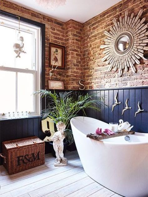 26 an eclectic space with exposed brick and navy wainscoting for a unique and super bold look - DigsDigs Exposed Brick Bathroom, Brick Wall Ideas, Brick Bathroom, Brick Wall Decor, Future Bathroom, Dining Room Wainscoting, Wainscoting Styles, Brick Interior Wall, Diy Wainscoting