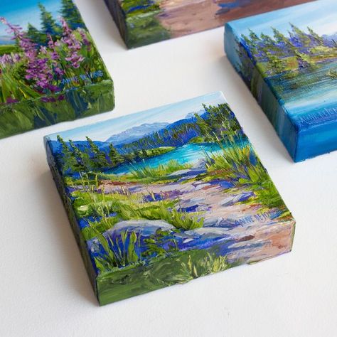 Painting On Things Ideas, Chunky Painting, Acrylic Nature Painting, Painting Square Canvas, Landscape Art Acrylic, Square Canvas Painting, Tiny Paintings, Mini Toile, Acrylic Painting Inspiration