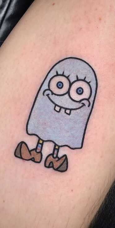 Halloween Spongebob Tattoo, Flowers From Spongebob Tattoo, Sponge Bob Matching Tattoos, Tiny Spongebob Tattoo, Spongebob Jelly Fish Tattoo, Cartoon Halloween Tattoos, Childhood Show Tattoos, Squish Tattoo, Cute Spongebob Tattoos