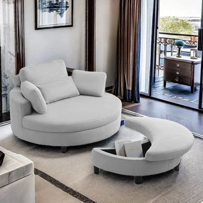 This round single sofa has a curved back designed to fit the curve of the body, providing excellent support and comfort. With two throw pillows and a waist pillow, users can adjust their sitting posture according to their needs, further increasing comfort. The corduroy fabric is soft and durable, and feels great in the hand, making you feel warm and relaxed as soon as you sit down. The seat is supported with high-density foam and spring, which ensures softness and provides enough support to make Round Couches Curved Sofa, Rounded Couch, Circular Sofa, Evil Lair, Round Couch, Round Sofa Chair, Ottoman With Storage, Bedside Table Design, Round Sofa