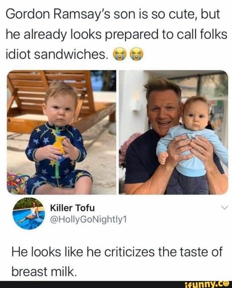 Gordon Ramsay's son is so cute, but he already looks prepared to call folks idiot sandwiches. @ He looks like he criticizes the taste of breast milk. - iFunny :) Gordon Ramsay Funny, Quotes Distance, Funny Comments, Memes Humor, Gordon Ramsay, What’s Going On, Really Funny Memes, Funny Tweets, Super Funny