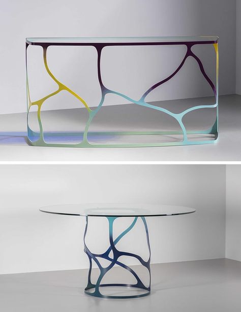 These sculptural furniture designs are made made from water cut steel or aluminum, and has an ombre appearance, with the colors fading seamlessly in and out of each other. #SculpturalFurniture #FurnitureDesign #Design Weird Furniture, Trip To California, Sculptural Furniture, Artistic Furniture, British Furniture, Plastic Furniture, Iron Furniture, Furniture Designs, Steel Furniture