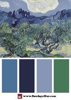 Vincent van Gogh Color Palette: The Olive Trees, as it appears now. myb Van Gogh Color Palette, Vase With Twelve Sunflowers, Palettes Color, Color Coordination, Mixing Colors, Paint Inspiration, Cafe Terrace, Arte Van Gogh, Palette Color