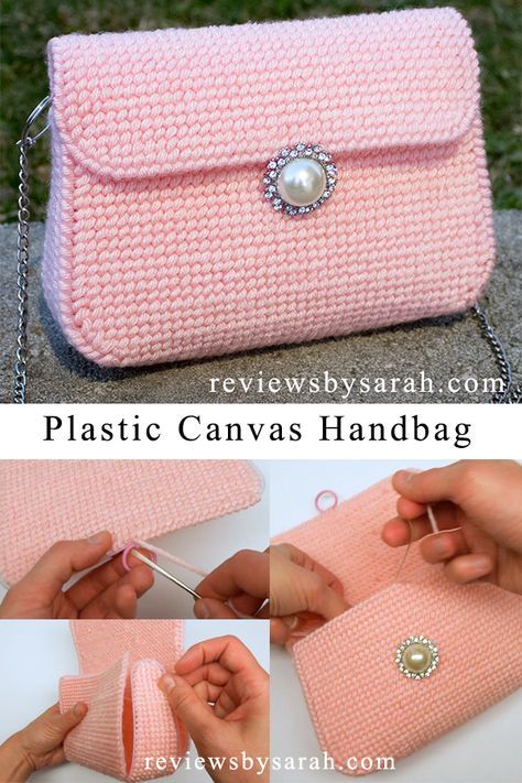 DIY Tutorial How to Make Plastic Canvas Bag Purse Handbag with YouTube Tutorial Video by Sarah Wolfe from Reviews by Sarah Plastic Canvas Bag, Pola Jaring, Plastic Purse, Purse Patterns Free, Canvas Bag Diy, Handbag Ideas, Sac Diy, Canvas Diy, Plastic Canvas Stitches