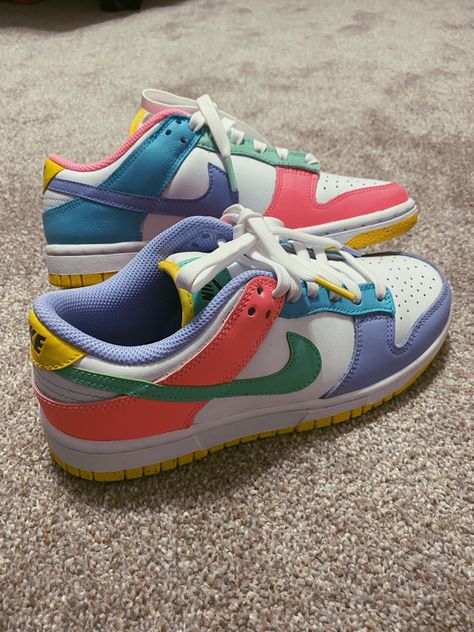 Nike Dunks Professional Outfit, Nike Dunks For Women, Hot Pink Dunks Outfit, Pastel Dunks, Colorful Dunks, Womens Dunks, Nike Dunk Low Easter, Jordan Dunks, Kyrie Irving Shoes