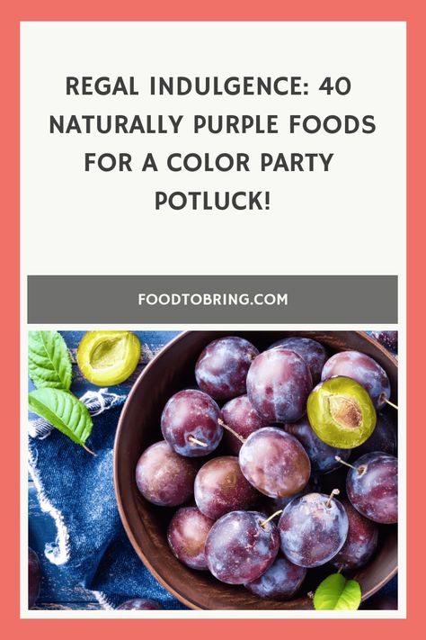 Add a regal touch to your color party potluck with 40 naturally purple foods that exude elegance and flavor! From deep purple grapes and vibrant purple sweet potatoes to rich eggplant dishes and antioxidant-rich purple cauliflower, this article unveils an array of naturally purple culinary delights. Embrace the enchanting hues and delectable flavors of these purple foods as you curate a visually stunning and palate-pleasing potluck spread. Impress your guests with these royal creations that sho Purple Potluck Food, Purple Appetizers, Purple Foods For Color Party, Purple Snacks For Party, Purple Foods For Party, Purple Party Foods, Purple Foods, Purple Garlic, Purple Tomato