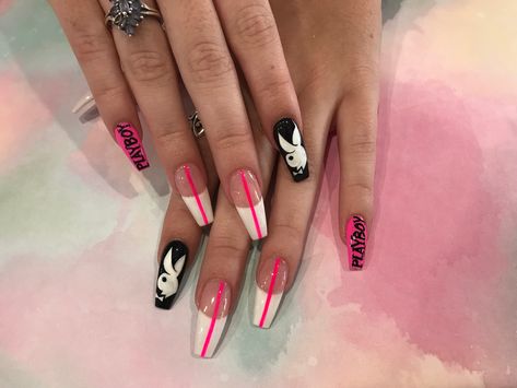 Playboy Bunny Nail Design, Playboy Acrylic Nails, Shiny Nails Designs, Bunny Nails, Edgy Nails, Ballerina Nails, Gem Nails, Trendy Nail Design, Playboy Bunny