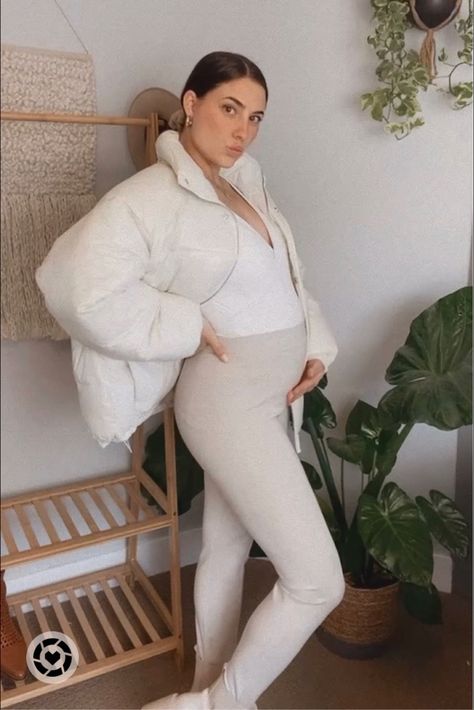 Neutral maternity outfit 
Baby bump outfit 
Puffer coat outfit Pregnancy Outfit, Beige Jumpsuit, Stirrup Leggings, Pregnancy Looks, Pregnancy Outfits, Neutral Outfit, Neutral Fashion, Baby Bump, Neutral Baby