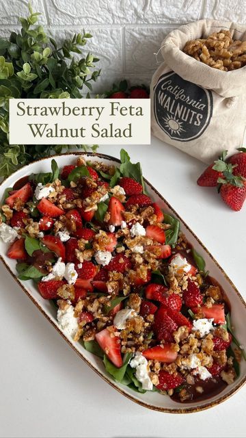 Guntas Sethi on Instagram: "✨ Strawberry Walnut Salad ✨ There’s always hype about Strawberry and Cream but you need to try this Strawberry Walnut Salad to know what heaven tastes like! 😚💖 The tanginess from fresh Strawberries mixed with the creaminess of the salty Feta Cheese balanced with the crunch from @californiawalnutsindia - you just can’t go wrong with it!x Recipe: 1. Wash and slice 2 cups strawberries into fours. Wash and dry 6 cups mix of baby spinach and arugula. 2. In a small sauc Strawberry Crunch Salad, Strawberry Walnut Salad, Party Meals, Strawberry Feta, Strawberry Honey, Honey Vinaigrette, Strawberry And Cream, Strawberry Compote, Walnut Salad