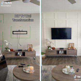 Ideas for Decorating a TV Wall Hanging Tv Wall Decor, Box Molding Tv Wall, Tv On Paneled Wall, Tv Accent Wall Wallpaper, Molding Behind Tv, Wall Trim Around Tv, Grid Wall With Tv, Ideas For A Tv Wall, Statement Wall Behind Tv