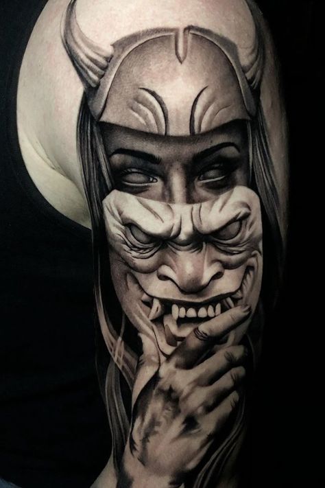 2 Face Mask Tattoo, Mask Tattoo Men, Traditional Oni Mask Tattoo Design, Realistic Japanese Tattoo, Skull Mask Tattoo, Japan Mask Tattoo, Hanya Mask Tattoo Design, Samurai Mask Tattoo, Samurai Tattoo Sleeve