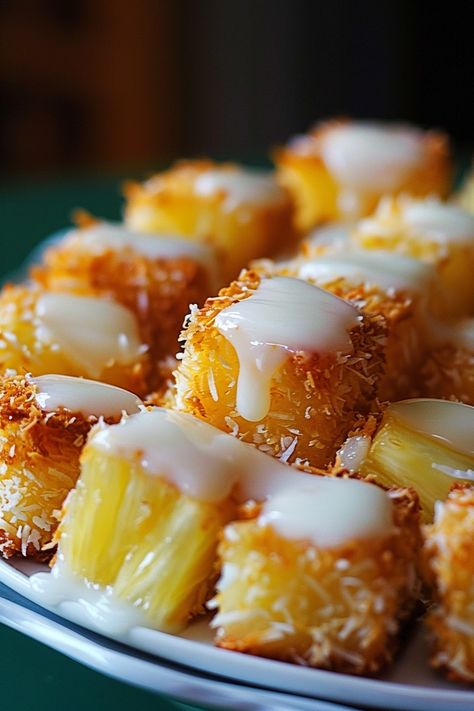 Coconut Pineapple Bites Pineapple Coconut Balls, Boozy Pineapple Bites, Cream Cheese Pineapple Coconut Balls, Bacon Pineapple Bites, Pineapple Coconut Muffins Recipes, Tropical Snacks, Easy Homemade Desserts, Coconut Bites, Refreshing Snacks