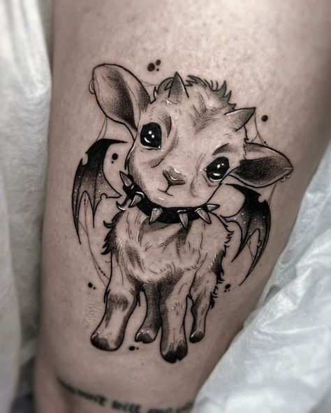 Goth Calf Tattoo, Halloween Animal Tattoo, Evil Goat Tattoo, Witchy Tattoos Ideas, Gothic Animal Tattoo, Cute Dark Tattoos, Witchy Arm Tattoo, Cute Baphomet Tattoo, Devil Goat Tattoo