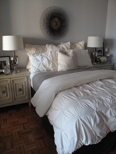 Pintuck Bedding | Rebecca1780 | Flickr Pintuck Bedding, Bed Idea, Contemporary Bedroom Design, Room Lamps, Neutral Bedrooms, Colorful Blanket, White Bed, White Comforter, White Duvet