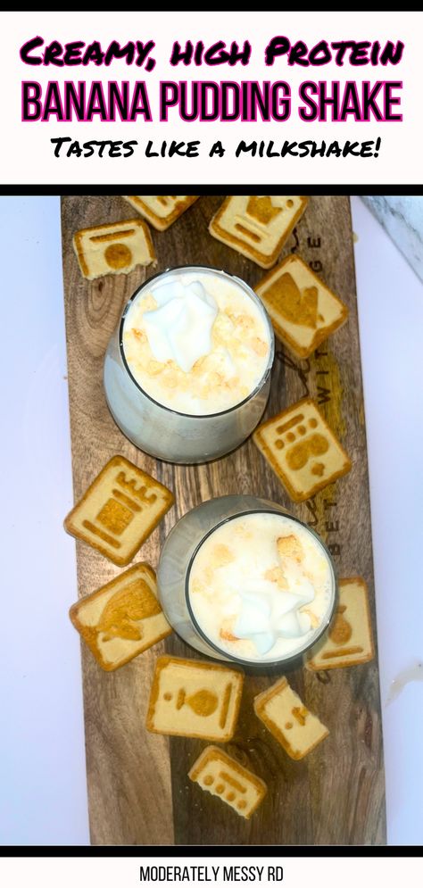 A creamy banana pudding protein shake inspired by the banana pudding with Chessmen cookies! The buttery, soft Chessmen cookies are actually added to this shake along with a frozen banana for a nutritious yet decadent and rich snack or healthy dessert. Top with whipped cream and crushed cookie crumbs! Makes one large serving or two smaller servings. Banana Pudding Protein Shake Recipe, Banana Pudding Protein Shake, Pudding Protein Shake, Banana Pudding Protein, Cookie Banana Pudding, Banana Pudding Chessman Cookies, Chessman Banana Pudding, Microbiome Recipes, Creamy Banana Pudding